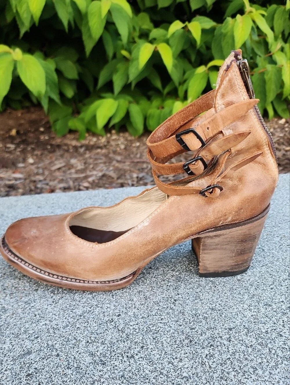 Freebird By Steven Randi Tan  Leather Block Closed Toe Pumps Triple Ankle Straps